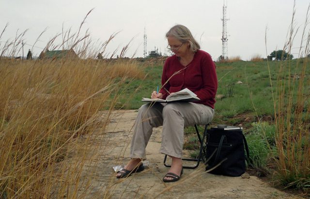 Cathy sketching Joburg and the Northcliff water tower.