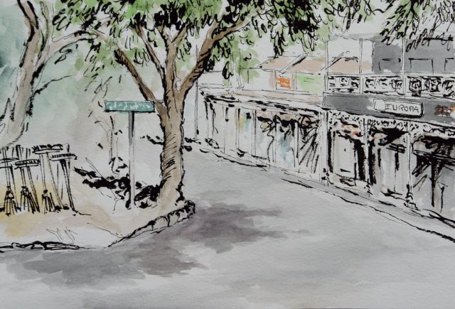 Pen and Watercolour drawing of a Parkview Corner Street Scene