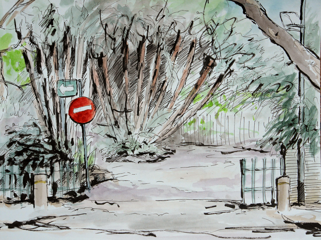 Watercolour and pen of the exit from the library in Parkview