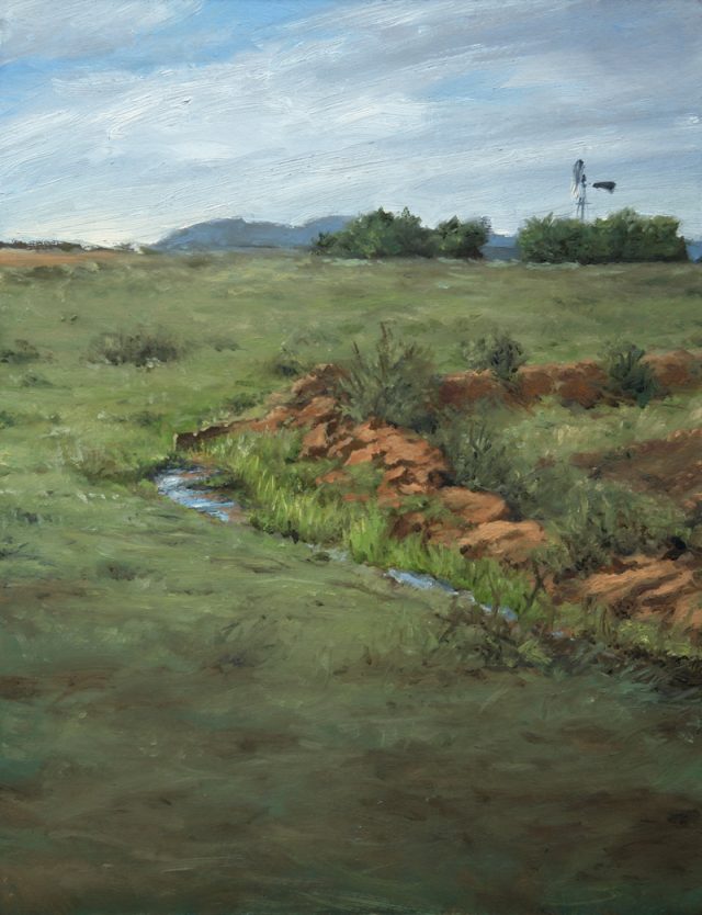 Oil painting on paper of a farm furrow and windmill on the horizon