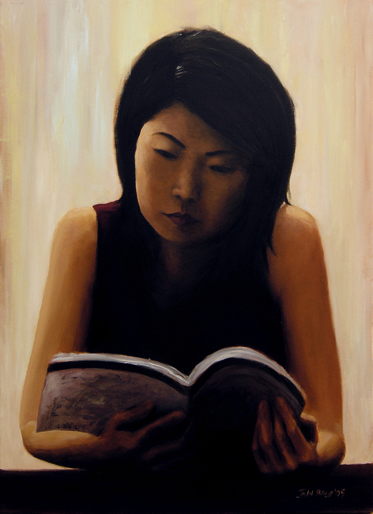 Painting of a girl reading in a Singapore coffee shop