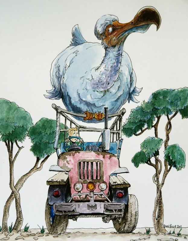 Cartoon of a Dodo sitting on a tractor