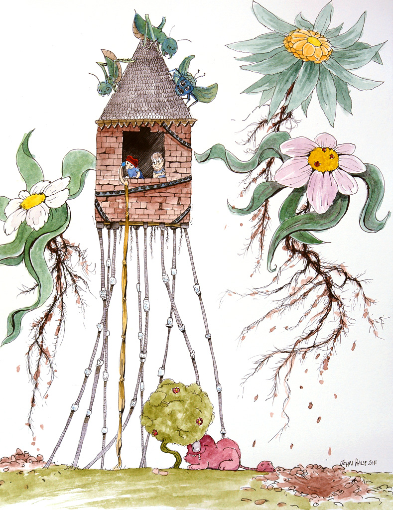 Cartoon of man, flowers, building all escaping.