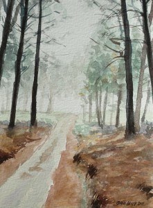 Watercolour of pine trees and road near Lothair, Mpumalanga, South Africa - Version 2