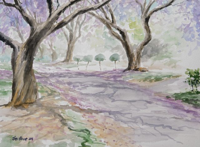 Larger painting of the jacarandas in bloom
