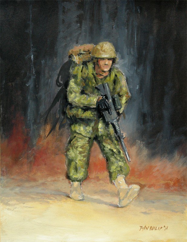 Oil painting of a Marching Military Man