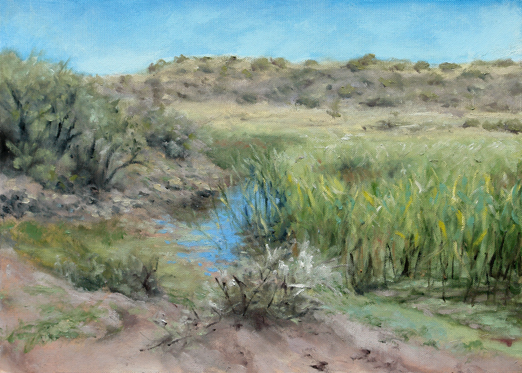 Plein air oil painting of a dam with reeds.