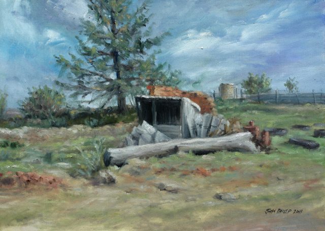 Plein air oil painting of the old fowl run shelter