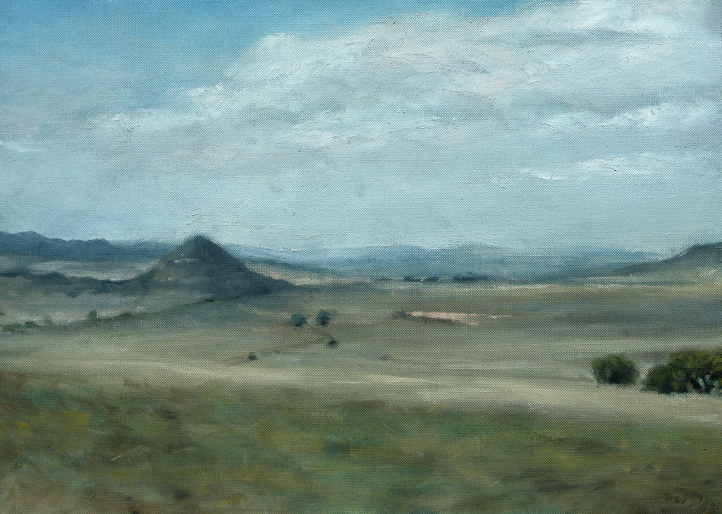 Oil painting of the farm scene with Spitskop hill in the distance.