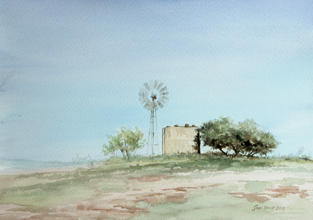 Watercolour painting of a windmill and water tank