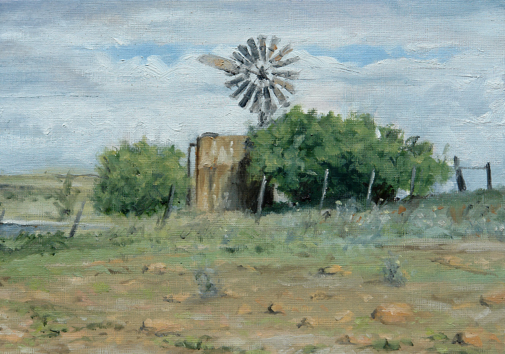 Oil Painting of a water tank, windmill and bushes.