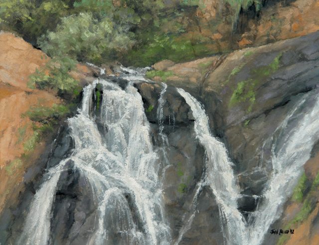 Plein air painting of the waterfall at the Witwatersrand Botanical Gardens