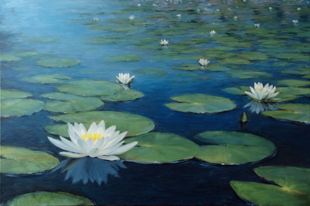 oil painting of water lilies flowering