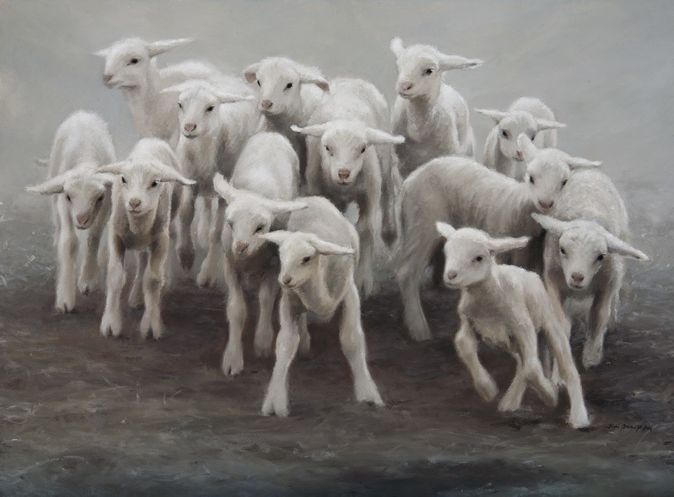Oil Painting of Lambs Racing each other.