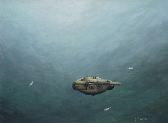 A painting of an old diving saucer.