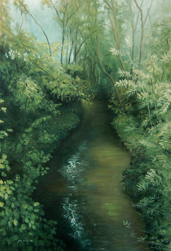 Painting of a forest with stream.