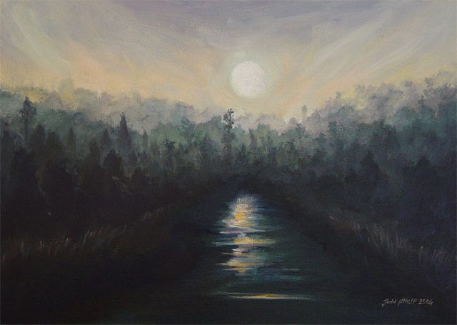 A dark and eery night sky painting of the moon reflecting on the water and a silhouetted forest on the banks of the river.