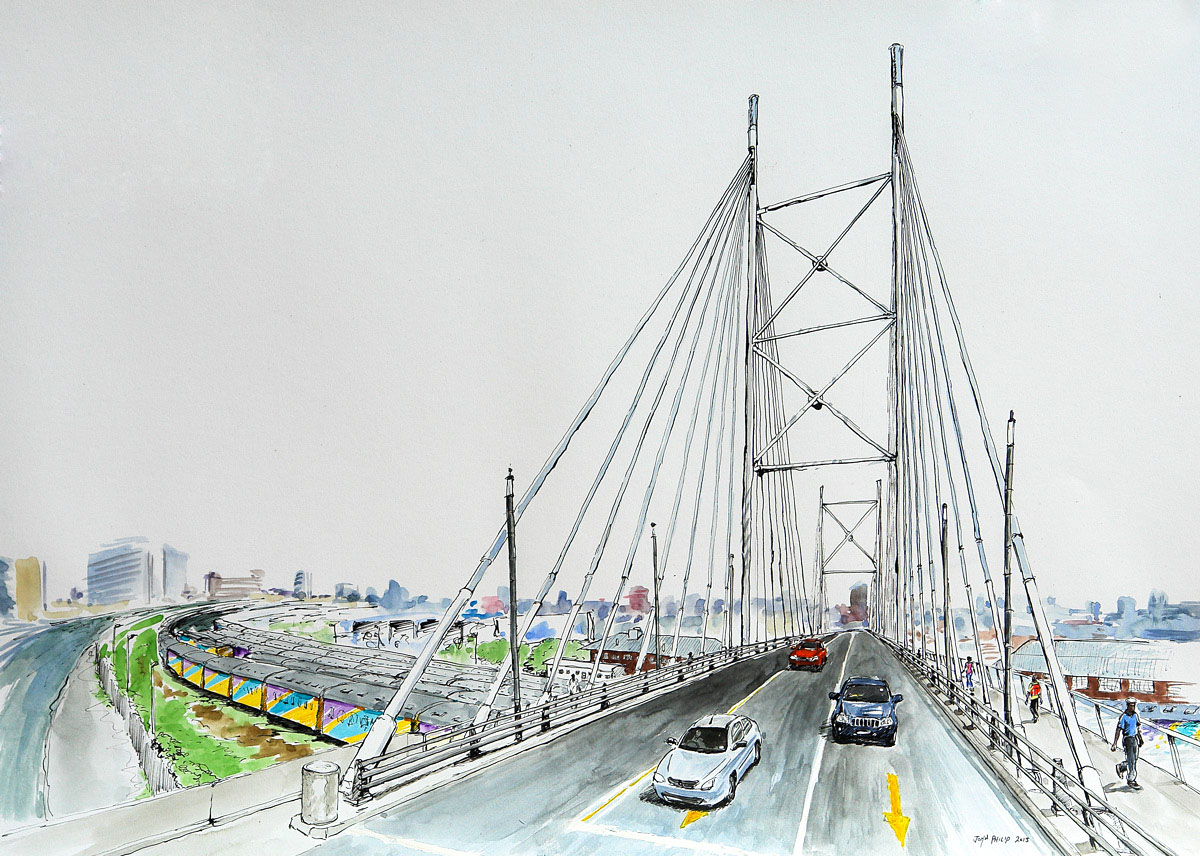 Pen & Ink drawing of Mandela Bridge, Joburg, South Africa
