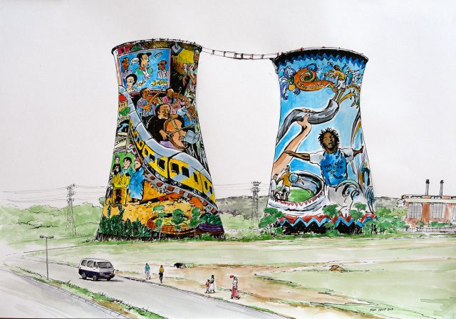 Pen & Ink Drawing of the Orlando Towers in Joburg