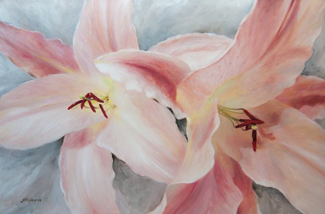 Oil painting of two pink Pink Tiger Lily flowers