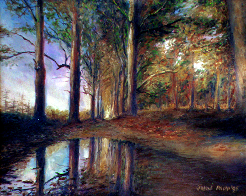 Painting of an autumn forest scene with a puddle in the road giving off a reflection.
