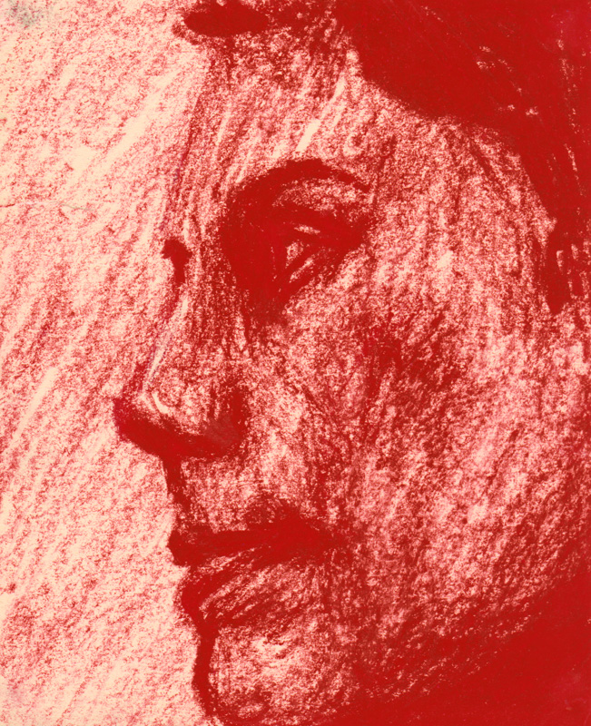 A Red, Oil Pastel drawing of a man's face