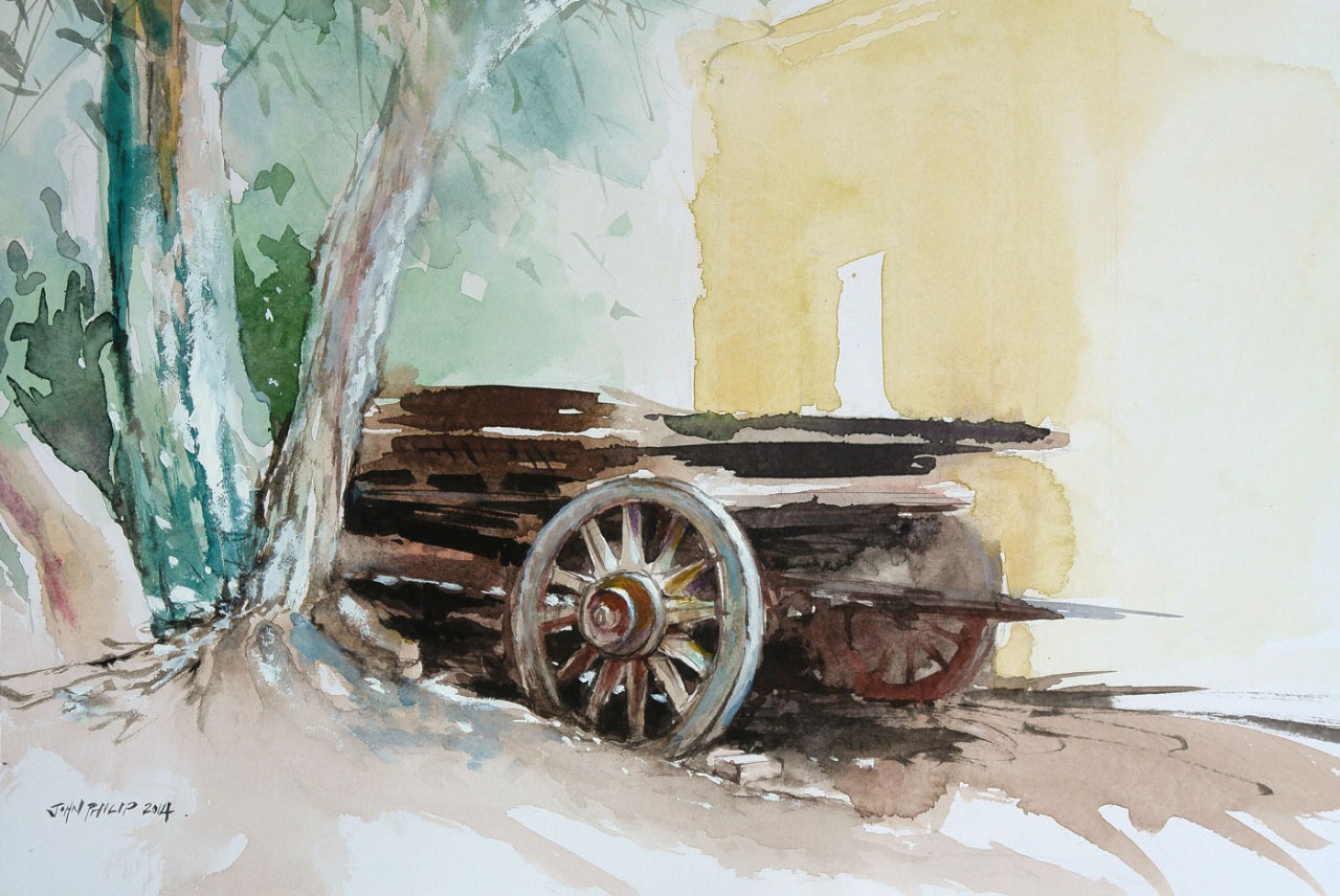 Painting of an old wagon at 2nd cup coffee shop.