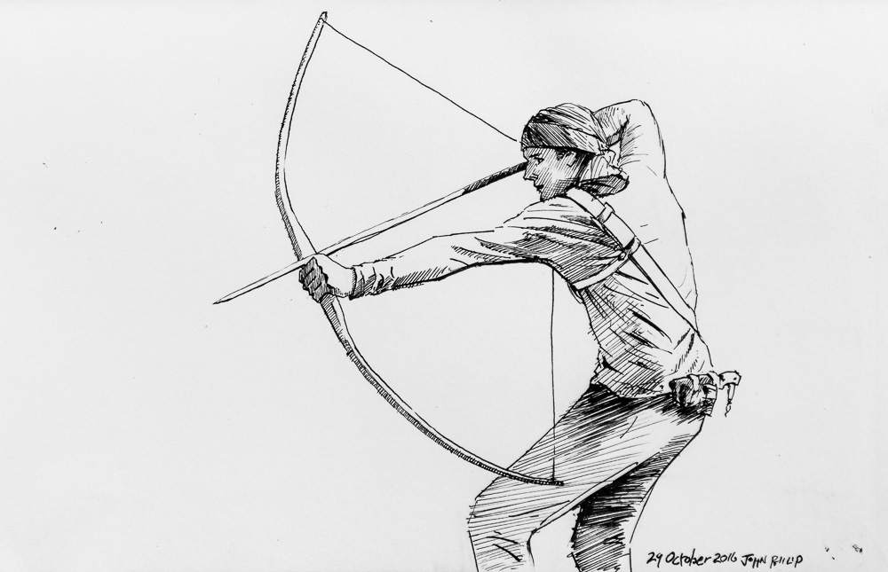 Ink drawing of an Archer with Bow and Arrow