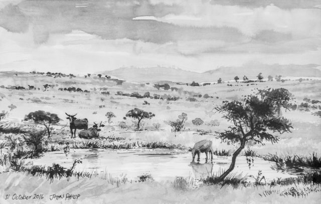 A drawing of a Landscape with Cattle in Pen and Ink
