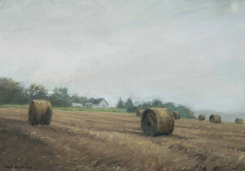 Oil painting of a farm landscape with bales
