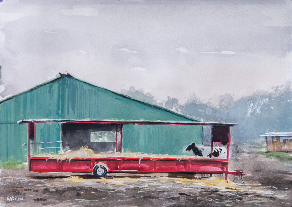 Painting of a cow feeding off a red trailer with a green trailer behind