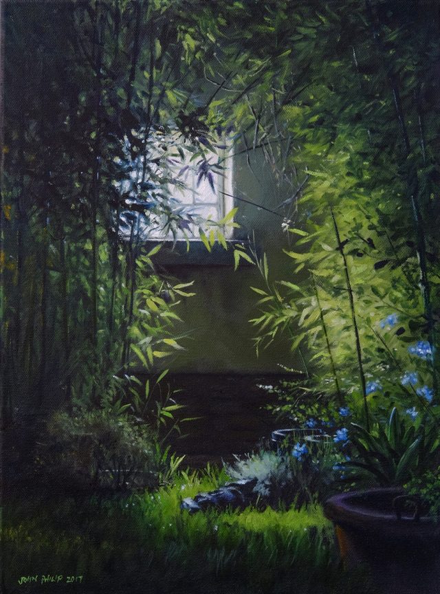 Painting of a night scene of window and bamboo.