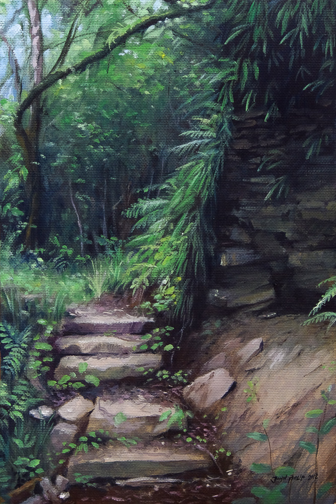 Oil painting of a forest trail with steps