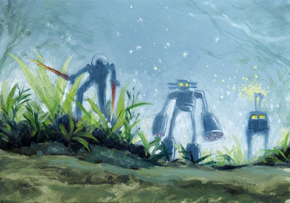 Oil painting of robots with plants.