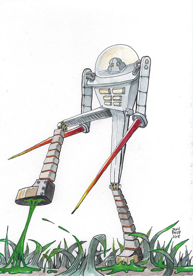 Drawing of a Robot with goo stuck to his foot.