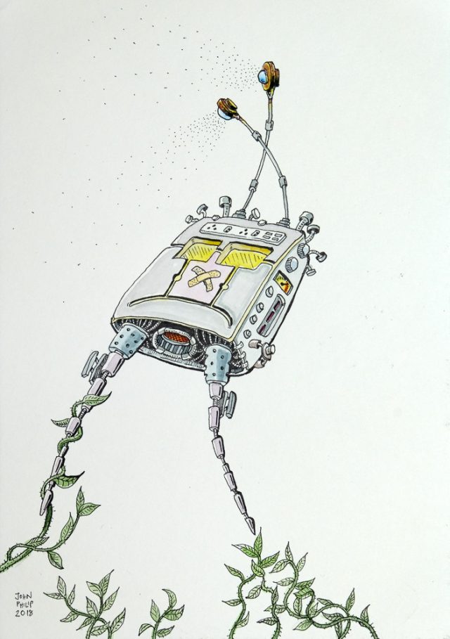 Drawing of a Robot captured by some plants