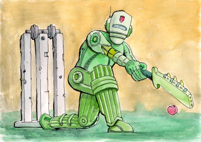 Painting of a robot cricketer