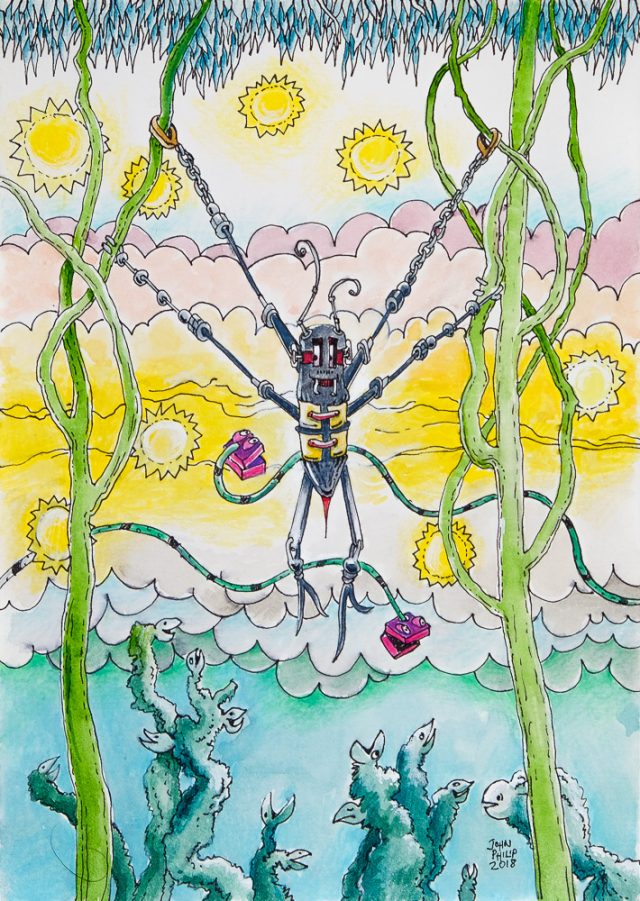 Drawing of a swinging spider robot