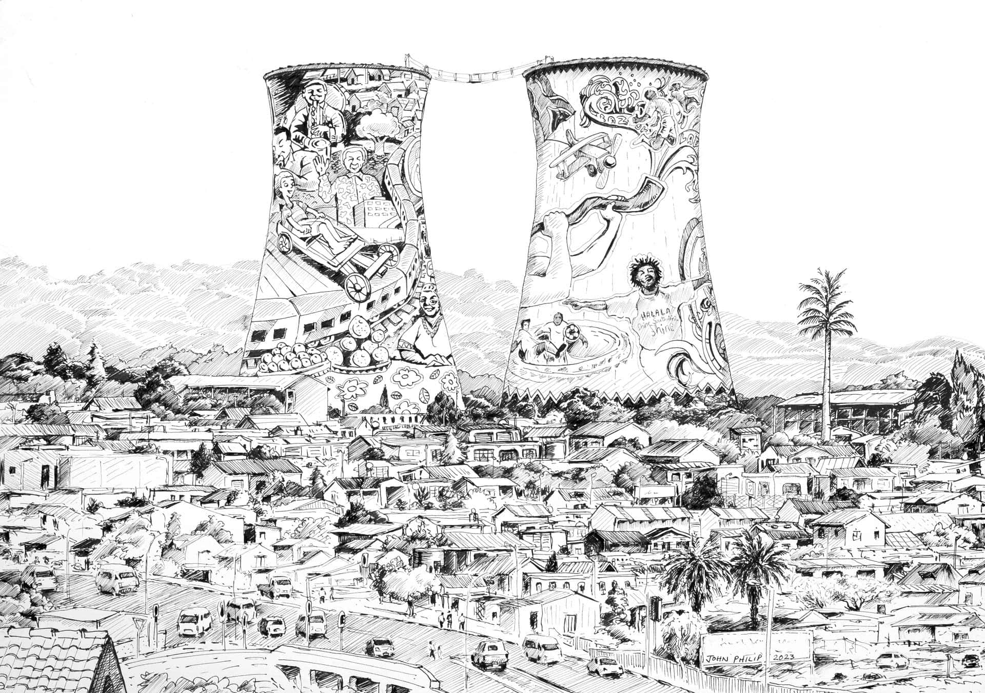 Pen and Ink drawing of the Orlando Towers in Soweto