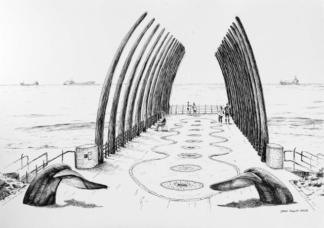 Ink drawing of the The Whale Bone Pier in Umhlanga, Durban