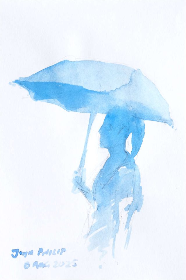 Watercolour painting of a Girl & Umbrella