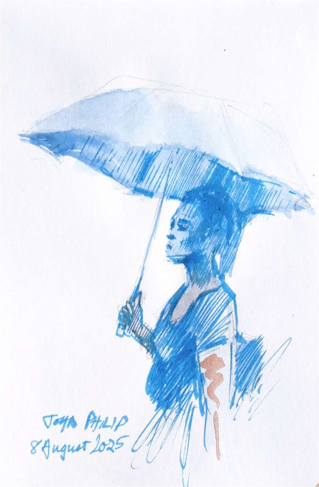 Watercolour painting of a girl and umbrella