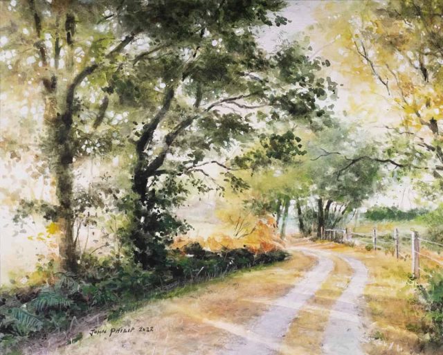 Watercolour painting of a Brittany farm road in the countryside.