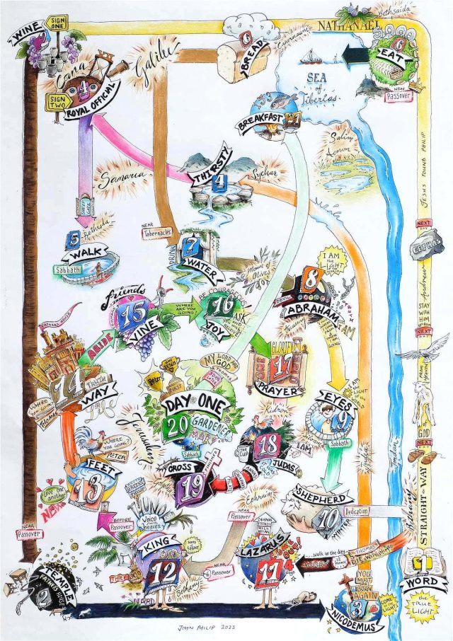 A drawing depicting the chapters of John's gospel as a Geographical Mind Map